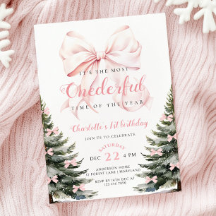Roze Bow Winter Onerderland Meisje 1e verjaardag Kaart