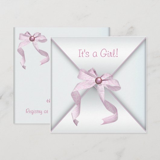 Roze Bow Wit Baby Meisje Douche Uitnodigingen (Voorkant / Achterkant)
