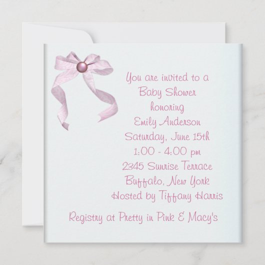 Roze Bow Wit Baby Meisje Douche Uitnodigingen (Achterkant)