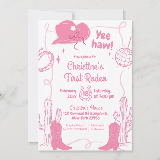 Roze Bow Yeehaw Disco Cowgirl Eerste Rodeo Verjaar Kaart (Voorkant)