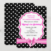 Roze Bow Zwart Wit Polka Dot Party Uitnodiging (Voorkant / Achterkant)