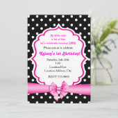 Roze Bow Zwart Wit Polka Dot Party Uitnodiging (Staand voorkant)