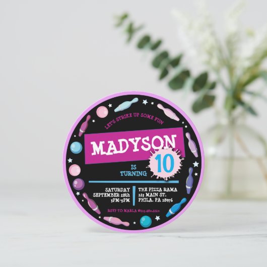 ROZE BOWLING BALL NEON Verjaardagsfeestuitnodiging Kaart (Staand voorkant)