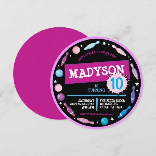 ROZE BOWLING BALL NEON Verjaardagsfeestuitnodiging Kaart (Voorkant / Achterkant)