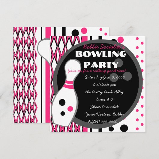 Roze Bowling Party Kaart (Voorkant / Achterkant)