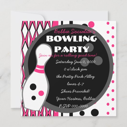 Roze Bowling Party Kaart (Voorkant)