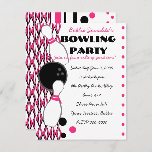 Roze Bowling Party Kaart (Voorkant / Achterkant)
