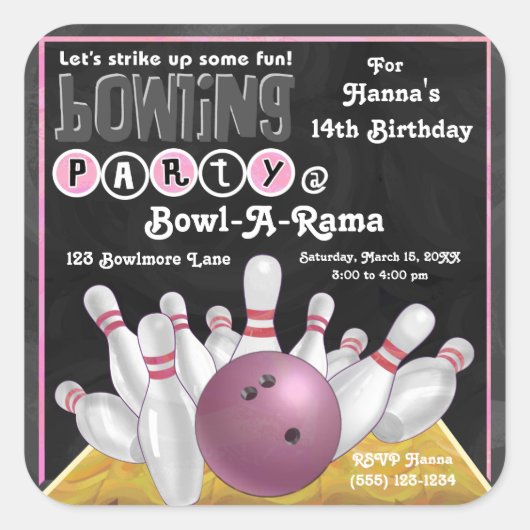 Roze Bowling Party nodigt ticker uit Vierkante Sticker (Voorkant)
