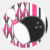 Roze Bowling Party Ronde Sticker (Voorkant)