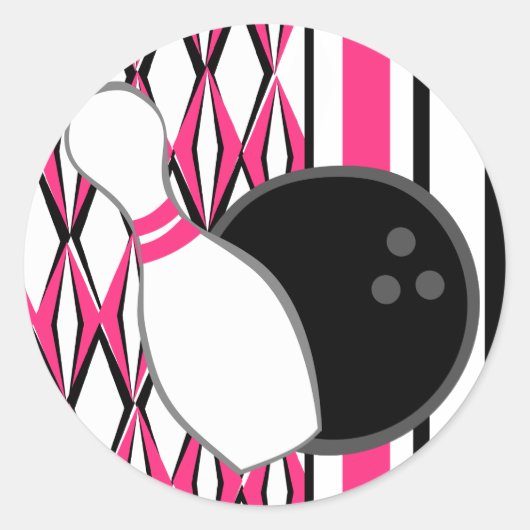 Roze Bowling Party Ronde Sticker (Voorkant)