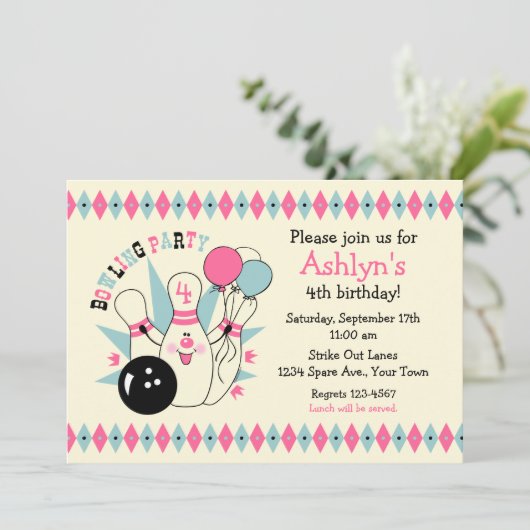 Roze Bowling Pin Birthday Kaart (Staand voorkant)