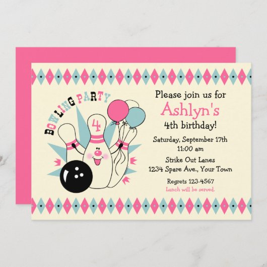 Roze Bowling Pin Birthday Kaart (Voorkant / Achterkant)