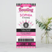 Roze Bowling Ticket Pass Birthday Party Uitnodigin Kaart (Staand voorkant)
