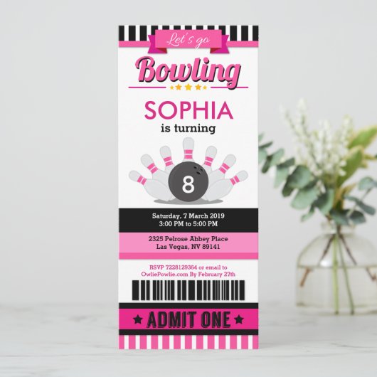 Roze Bowling Ticket Pass Birthday Party Uitnodigin Kaart (Staand voorkant)