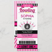 Roze Bowling Ticket Pass Birthday Party Uitnodigin Kaart (Voorkant / Achterkant)