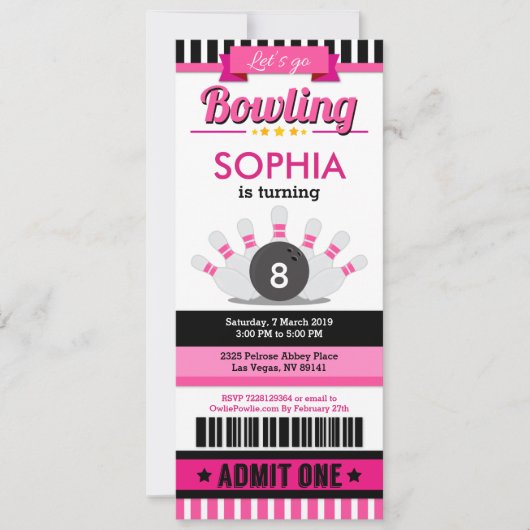 Roze Bowling Ticket Pass Birthday Party Uitnodigin Kaart (Voorkant)