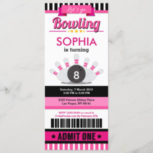 Roze Bowling Ticket Pass Birthday Party Uitnodigin Kaart