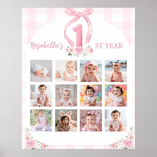 Roze Bows Coquette 1e verjaardag mijlpaal teken Poster (Voorkant)