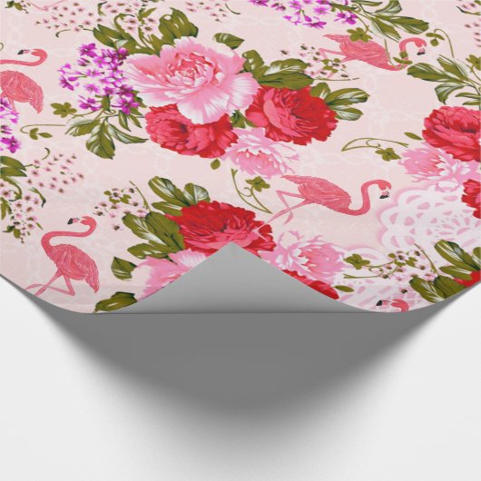 Roze boze rozen florale tropische flamingo cadeaupapier (Hoek)