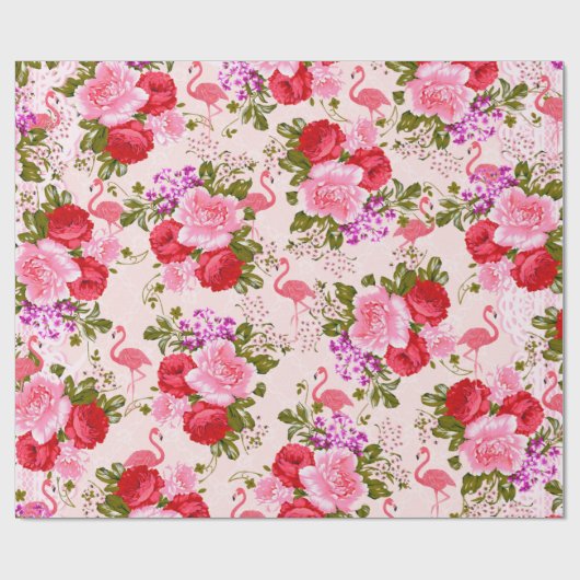 Roze boze rozen florale tropische flamingo cadeaupapier (Vlak)