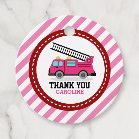 Roze brandweerauto, Birthday Baby shower Bedankjes Labels (Voorkant)