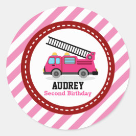 Roze brandweerauto, Birthday Baby shower Ronde Sticker