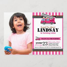 Roze brandweermotor Birthday Party Photo Invitatio Kaart