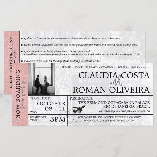 Roze Brazilië Bruiloft Boarding Pass uitnodiging (Voorkant / Achterkant)