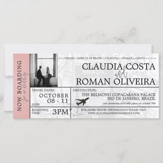 Roze Brazilië Bruiloft Boarding Pass uitnodiging (Voorkant)