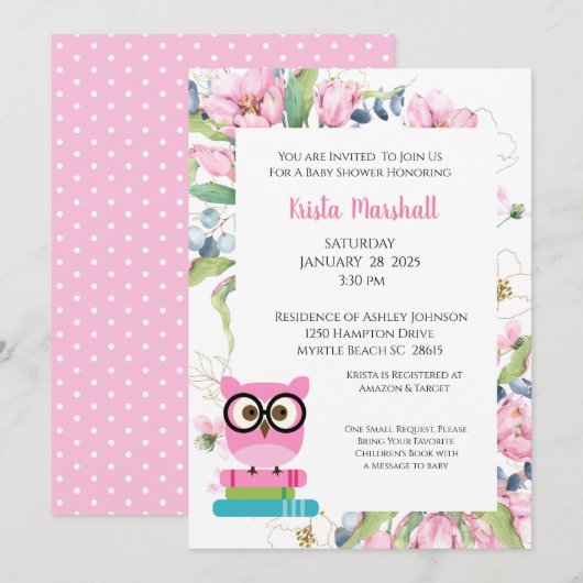 Roze breng Boek Owl Floral Baby shower Uitnodiging (Voorkant / Achterkant)
