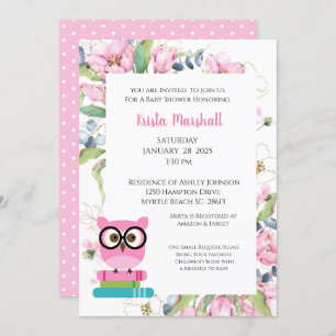 Roze breng Boek Owl Floral Baby shower Uitnodiging