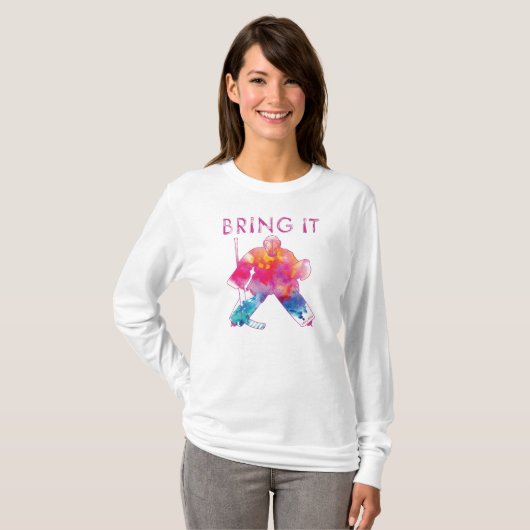 Roze Breng het Hockey Keeper Aquarel Vrouwen T-shirt (Voorkant volledig)