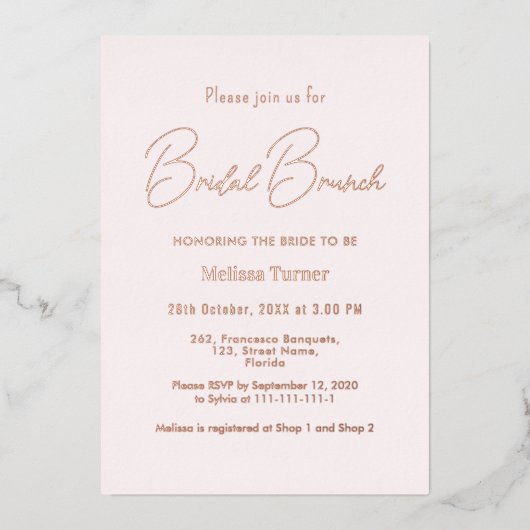 Roze bridal Brunch Calligraphy Script Folie Uitnodiging (Voorkant)