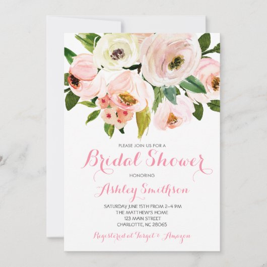 Roze Bridal Shower Invitations, roze bloemen Kaart (Voorkant)