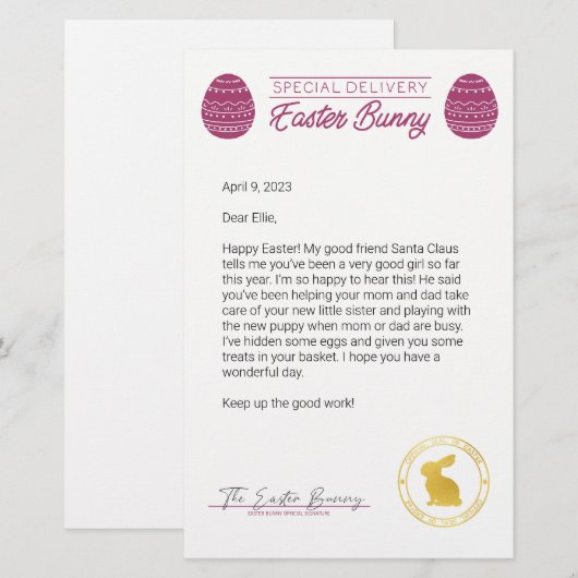 Roze brief van de paashaas (Voorkant / Achterkant)