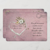 roze briefkaart met witte roos en lint hartritme (Voorkant / Achterkant)
