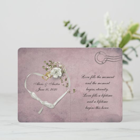 roze briefkaart met witte roos en lint hartritme (Staand voorkant)