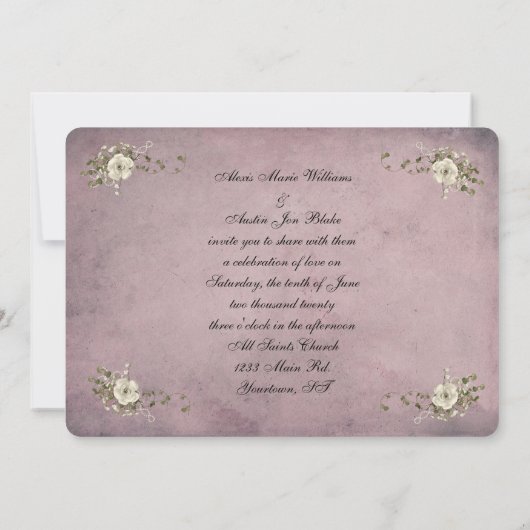 roze briefkaart met witte roos en lint hartritme (Achterkant)