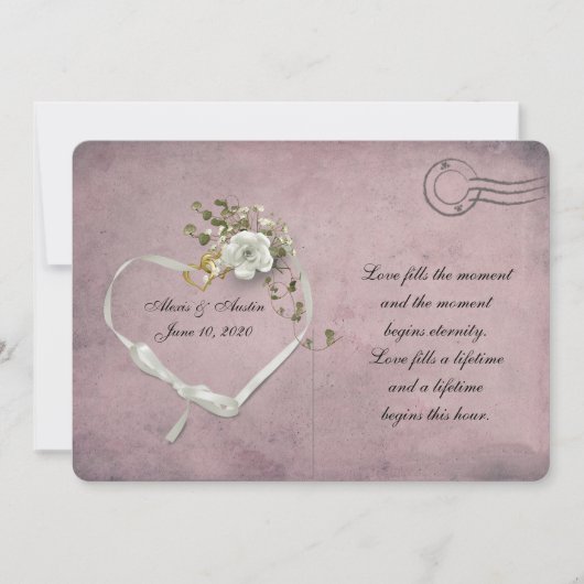 roze briefkaart met witte roos en lint hartritme (Voorkant)