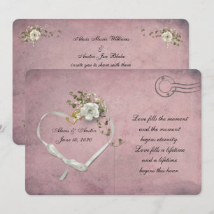 roze briefkaart met witte roos en lint hartritme