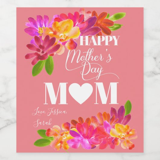 Roze Bright Florals Happy Moederdag Wijn Etiket (Enkel label)