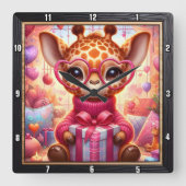 Roze Bril Giraffe Valentijn Vierkante Klok (Voorkant)