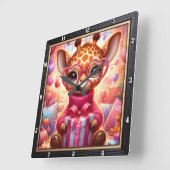 Roze Bril Giraffe Valentijn Vierkante Klok (Hoek)