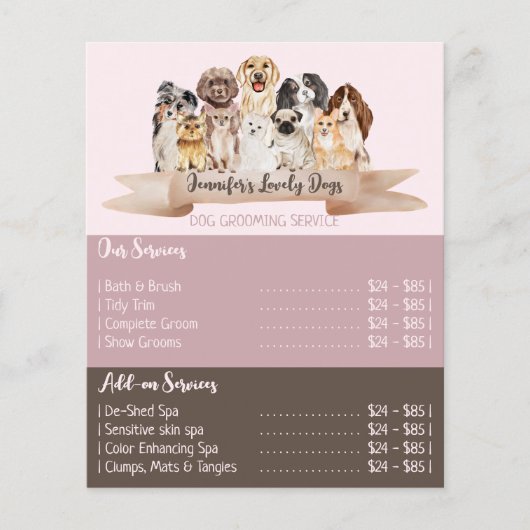 Roze Brochure Dogs Groomer Service Offers (Voorkant)