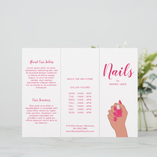 Roze brochure Fuschia Modern Nail Salon Trivoudig (Staand voorkant)