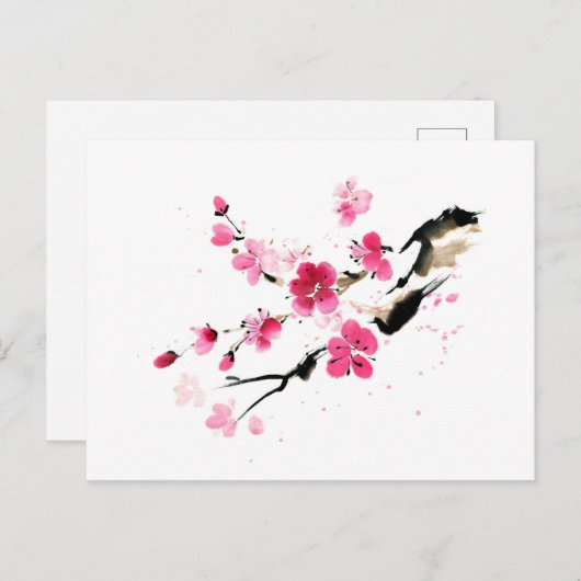 Roze bronbloem. С alligrafisch inktschilderij Briefkaart (Voorkant / Achterkant)