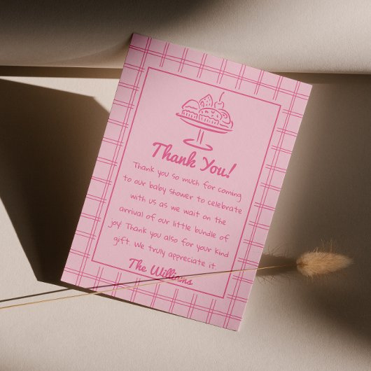 Roze broodje getekend in het Oven Girl Bread Baby Bedankkaart