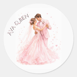 Roze Bruid & Bruidegom Dansen Trouwen Ronde Sticker