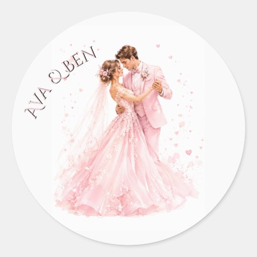 Roze Bruid & Bruidegom Dansen Trouwen Ronde Sticker (Voorkant)