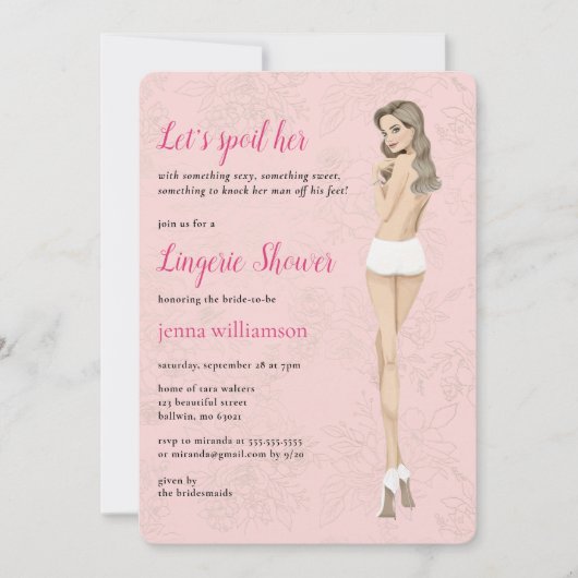 Roze bruid in haar lingerie douche kaart (Voorkant)